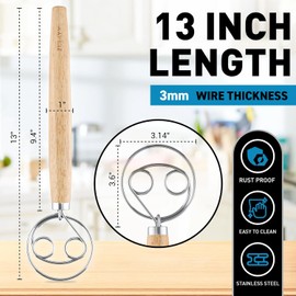 Zulay Kitchen Double-Eye 13" Danish Dough Whisk - Durable Easy Mixing Bread Whisk, Stainless Steel Danish Dough Hook, Sourdough Whisk For Mixing, Traditional Dutch Whisk, Dough Mixer Tool - Acacia