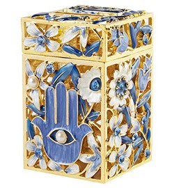Matashi Hand-Painted Enamel Tzedakah Charity Box Keepsake Treasure Box with Crystals and Hamsa Protects Against Evil Eye Motif Design with Gold Accents, Judaica Home Decor Piggy Bank Gift for Holiday