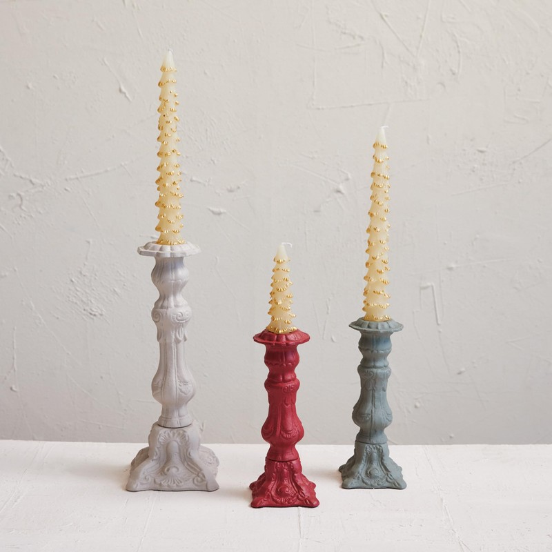 Creative Co-Op Embossed Cast Aluminum Taper Candleholder, Red