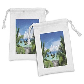 Lunarable Tropical Fabric Pouch Set of 2, Beach and Tropical Sea Wooden Deck Floating Boats Sunshine Idyllic Daytime, Small Drawstring Bag for Toiletries Masks and Favors, 9" x 6", Blue Green Grey