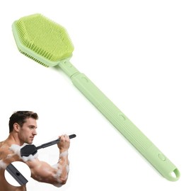 Limpiador de espalda de silicona para ducha，Cepillo de ducha extensible con mango largo，Cerdas de Silicona Suaves，Cepillo de espalda de doble cara con agarre antideslizante, limpieza suave (green)