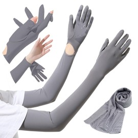 fortulux Women's Arm Cover, UV Protection, Cooling Sensation, Long, Full Coverage to Fingertips, Flip Specifications, Sun Protection, UPF+50, gray (dark gray)