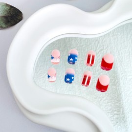 4th of July Press on Nails French Tip Fake Nails Short Square False Nails with Designs Stars Glue on Nails Stripes Acrylic Nails Glossy Full Cover Stick on Nails for Women 24Pcs