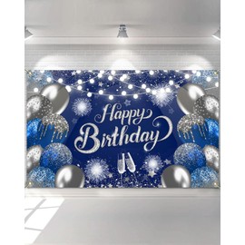 Avezano Navy Blue Birthday Backdrop Banner Navy Blue and Silver Glitter Balloons Birthday Banner Decorations Men Women Birthday Banner Party Supplies 70.8 x 43.3 Inch (Navy Blue and Silver)