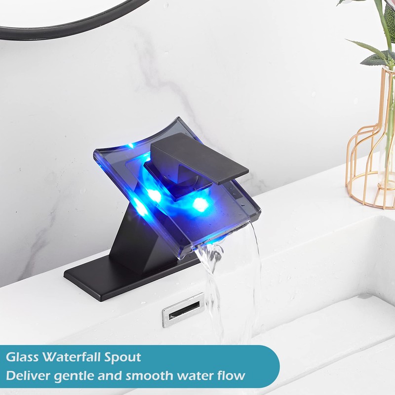 Bathroom Black Faucet Waterfall LED Glass Spout with Overflow Drain