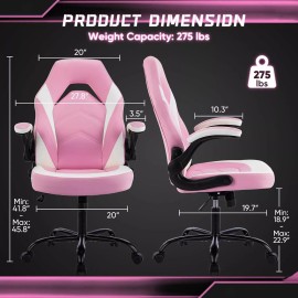 DUMOS Ergonomic PU Leather Gaming Chair with Wheels,Adjusta - Pink