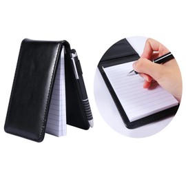Mini Pocket Notebook, A7 Leather Notebook with Metal Pens, Holder Small Notepad, Black Cover, Small Diary Notebook for Outdoor Activities