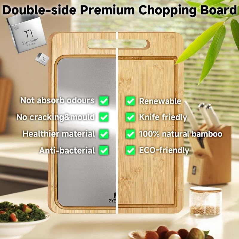 ZYBIDEAL Titanium&Bamboo Cutting Board, Double Side Cutting Board for Kitchen,
