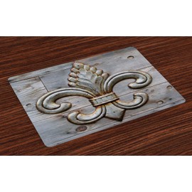 ABAKUHAUS Fleur De Lis Placemats, Old Lily Symbol on Weathered Old Wooden Plank Historical Theme Picture, Washable Fabric Dining Room Kitchen Table Decorations Digital Print, Brown Grey