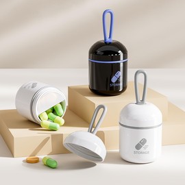 Mini Pill Box, 2-1 Compartments Pill Container with Silicone Lanyard, Daily Portable Pill Case for Pocket, Waterproof Travel Size for Purse, Black and White 2Pcs