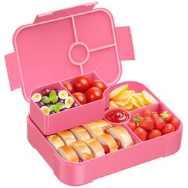 HOMETALL Bento Lunch Box for Kids - Leakproof Bento Box with 6 Compartments Portions Lunchbox for Kids Ages 3 to 7 Back to School, BPA-Free Snack Packing Containers Reusable On-the-Go Meal Prep, Pink