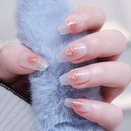 SINLOV 24pcs Square Coffin Nails False Naked Short Gradient Nail False Ballerina Acrylic Print On Nails French Full Cover False Nails for Women Girls