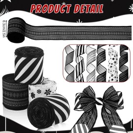 Suncalla 6 Roll 30 Yards Boho Christmas Ribbon Wired 2.5 Inch Boho Black and White Stripes Christmas Ribbon for Xmas Tree Gift Wrapping Wreaths Garland Bows Holiday Decor DIY Crafts
