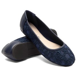 Greatonu Women Causal Shoes Cut Out Slip On Lace Floral Closed Toe Ballet Ballerina Flats with Lining, 5 UK, Navy With Lining