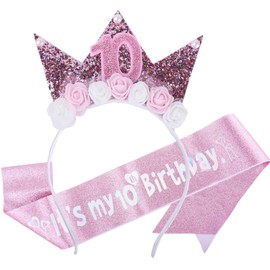 10th Birthday Sash & Crown for Girls, Glitter Princess Sash Hairband Set, 2 PCS Birthday's Decorations for Girls, Pink Flower Headband Birthday Party Decorations for Children
