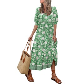 LUXVEER Women's Floral Boho Maxi Dress 2025 Summer V Neck Puff Sleeve Casual Loose Flowy Swing Long Beach Vacation Dresses Green