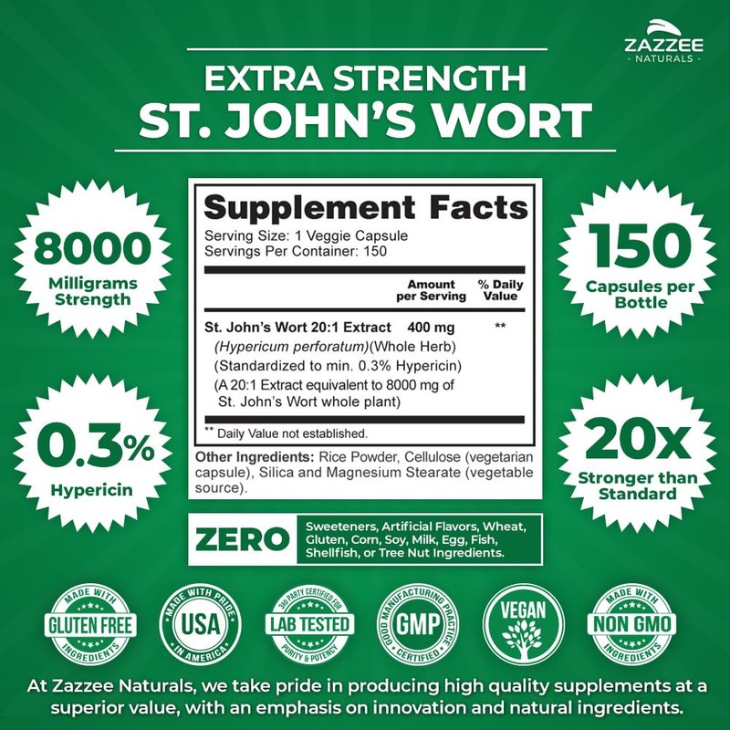 Zazzee Extra Strength St. John’s Wort 20:1 Extract, 8000 mg
