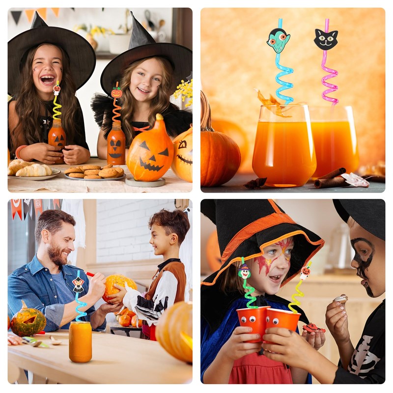 32 PCS Halloween Cartoon Themed Straws,Reusable Plastic Drinks Pumpkin Skull