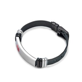 Bling Jewelry Unisex Personalize Engravable Identification Name Tag Plated Medical ID Bracelet Wrist Band Belt Buckle Mesh Bracelet for Men Women Black Stainless Steel Adjustable