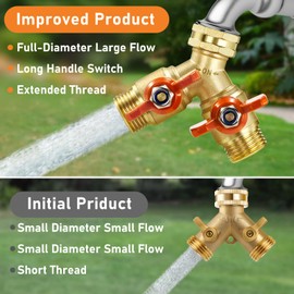 IPOW Upgrade Full Flow Garden Hose Splitter with Stainless Steel Handle, Brass Heavy Duty 2 Way Y Valve Garden Hose Splitter High Flow Spigot Splitter + 6 Rubber Hose Washers with Comfort Grip Use