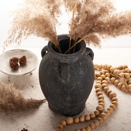 Terracotta Vase with 3 Ear | Handmade Black Ceramic Pottery 9.5'' Tall | Large Distressed Unique Vintage Vase | Rustic Farmhouse Pottery for Flowers | Textured | Wide Mouth | Centerpieces.