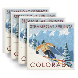Steamboat Springs, Colorado, Downhill Skier (Absorbent Ceramic Coasters Set of 4 Matching Images, Cork Back, Kitchen Table Decor)