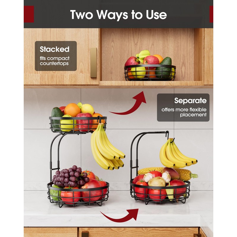 Sakugi Fruit Basket for Kitchen Counter - 2-Tier Large Capacity