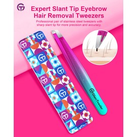 Expert Slant Tip Tweezers with Leather Case, GlamTweeler Sharp & Precision Stainless Steel Tweezer for Eyebrows, Facial Hair and Fine Hairs Removal (Sparkle Purple & Turquoise)