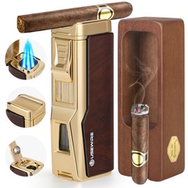 USEWIRE Cigar Lighter and Ashtray Set, Quad Windproof Jet Flame, with Cigar Holder and Cigar Punch, Refillable Butane Gas Lighter, Multifunctional Cigar Accessories Gift Set