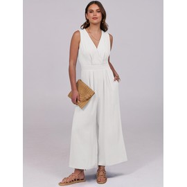 ANRABESS Women Jumpsuits Sleeveless V Neck Elegant Dressy Casual Backless One Piece Pants Romper 2025 Summer Outfits White Large