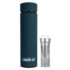 London Sip - Taza de viaje y vaso de infusor de frutas, termo de acero inoxidable de doble pared con infusor extralargo, color verde azulado medianoche