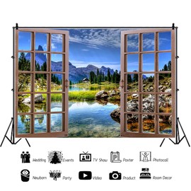 5x3ft Nature Landscape Backdrop Window View Clear Lake Forest Mountain Sky Nature Scenery Background for Photography Living Room Office Interior Decor Wallpaper Adults Photo Props