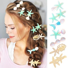 Formery Starfish Hair Clip Green Shell Hair Barrettes Rhinestone Mermaid Accessories for Women and Girls (7PCS)