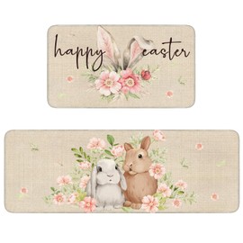 Xsinufn Happy Easter Kitchen Rugs and Mats Set of 2,Spring Bunny Flowers Floral Kitchen Mat,Rabbit Non Slip Washable Kitchen Floor Sink Mats Decorations for Home Kitchen 18"x48"+18"x30"