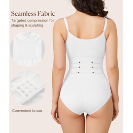 BRABIC Bodysuit Shapewear for Women Tummy Control Panties Seamless Sleeveless Tops V-Neck Camisole Jumpsuit(White Brief, X-Small/Small)