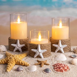 Baquler 3 Pcs Beach Starfish Plastic Flameless LED Battery Candle with Rope Farmhouse Nautical Gradient ‎ Candle Seashell Seahorse Decorative Candlestick for Coastal Wedding Party Table Centerpieces