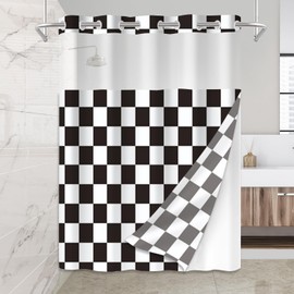 Ohocut Checkered No Hook Shower Curtain with Snap in Liner Set, Cute Retro Vintage Aesthetic Checkerboard Shower Curtain, Waterproof Washable Polyester Fabric Bathroom Shower Curtain (Black and White)