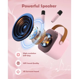 Aplsinvivi Mini Karaoke Machine Speaker for Kids, Toys for Girls Boys Friends Age 3-12+, Birthday Gifts Portable Bluetooth Speaker with Wireless Mics for 5 6 7 8 9 10 11 Years Teens Girl Boys, Pink