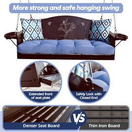 3-Seat Metal Porch Swing 900 LBS Heavy Duty Hanging Bench with Upgraded Tray & Cushions Rust-Resistant Finish Swing Chair with 8.9FT Chains for Patio Lawn Garden