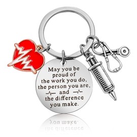 Ouligay Nurse Keyring Stainless Steel Metal Keyring with Syringe, Nurse Cap and Stethoscope for Doctor Gift Nurse Birthday Graduation, silver