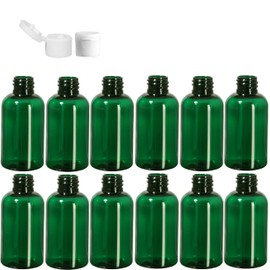 Premium Essential Oil 2 Ounce Boston Round Bottles, PET Plastic Empty Fillable BPA-Free, with White Ribbed Flip-Up Snap Caps (Pack of 12) (Green)