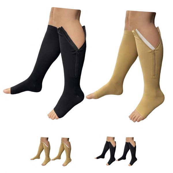 HealthyNees 2 Set Open Toe 20-30 mmHg Compression Leg Calf Swelling Zipper Sock (2 Pairs Mix, 4X-Large)