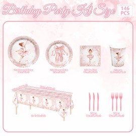 146Pcs Ballerina Birthday Party Supplies Tableware Plates Napkins Cups Cutlery and Tablecloth Ballet Birthday Party Decoration for 24 Guests