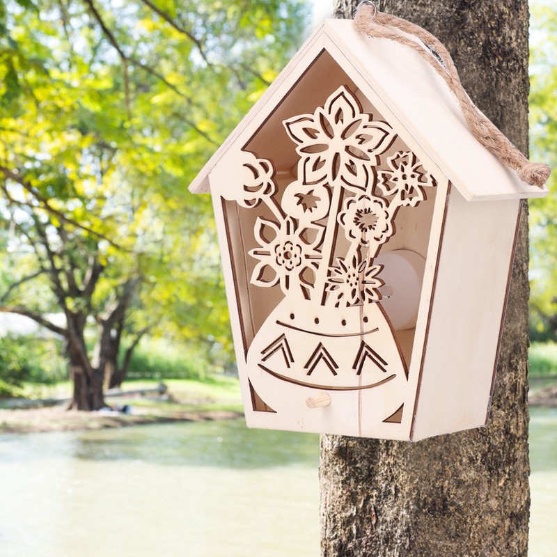 2Pcs Bird House with Warm Light Hollow Flowers Patterns Bird