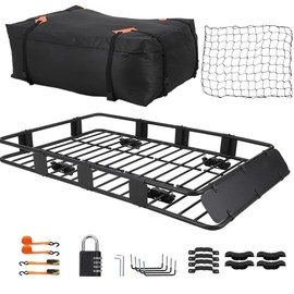 EliteEdge Roof Rack Basket with Waterproof Roof Top Cargo Carriers,SUV Roof Rack 64" x 39" to 48"x 39" Cargo Racks w/Net & Ratchet Straps