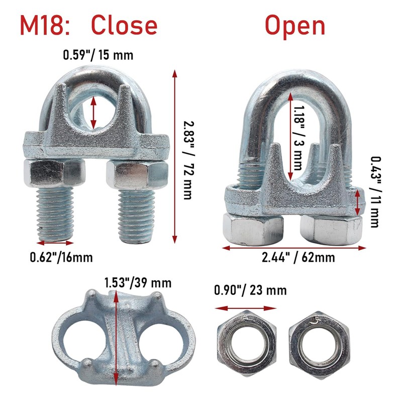23/32 Inches Wire Rope Clamp,Heavy Duty U-Bolt Cable Clips,Zinc Plated