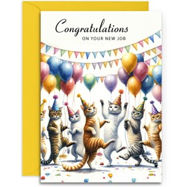 Congratulations on your New Job Card - Funny Dancing Cats Design for Him Her Men or Women. A5 Size with Envelope - Designed and Printed in the UK