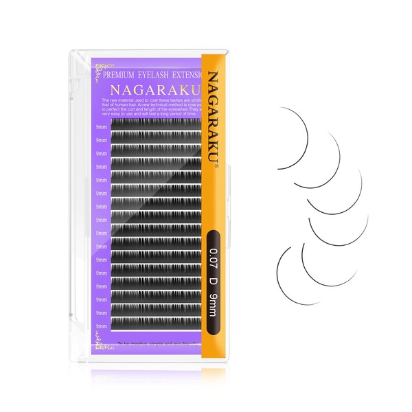 NAGARAKU Eyelash Extensions Individual Lashes 0.07mm D curl 9mm Volume Matte Black Soft Natural Professional Faux Mink 16 rows