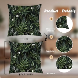 Nipil Dark Green Botanical Pillow Covers 18x18 Set of 2, Plant Room Decor, Moody Rustic Cottagecore Nature Forest Green Fern Leaves and Wildflower Decorative Throw Pillow Covers