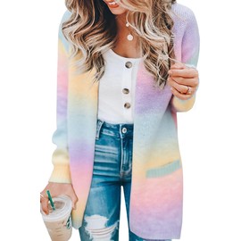 ECOWISH Cardigan Sweaters for Women Fall Causal Color Block Striped Long Sleeve Open Front Cozy Knitted Coats Spring Outwear 3183 Pink Large